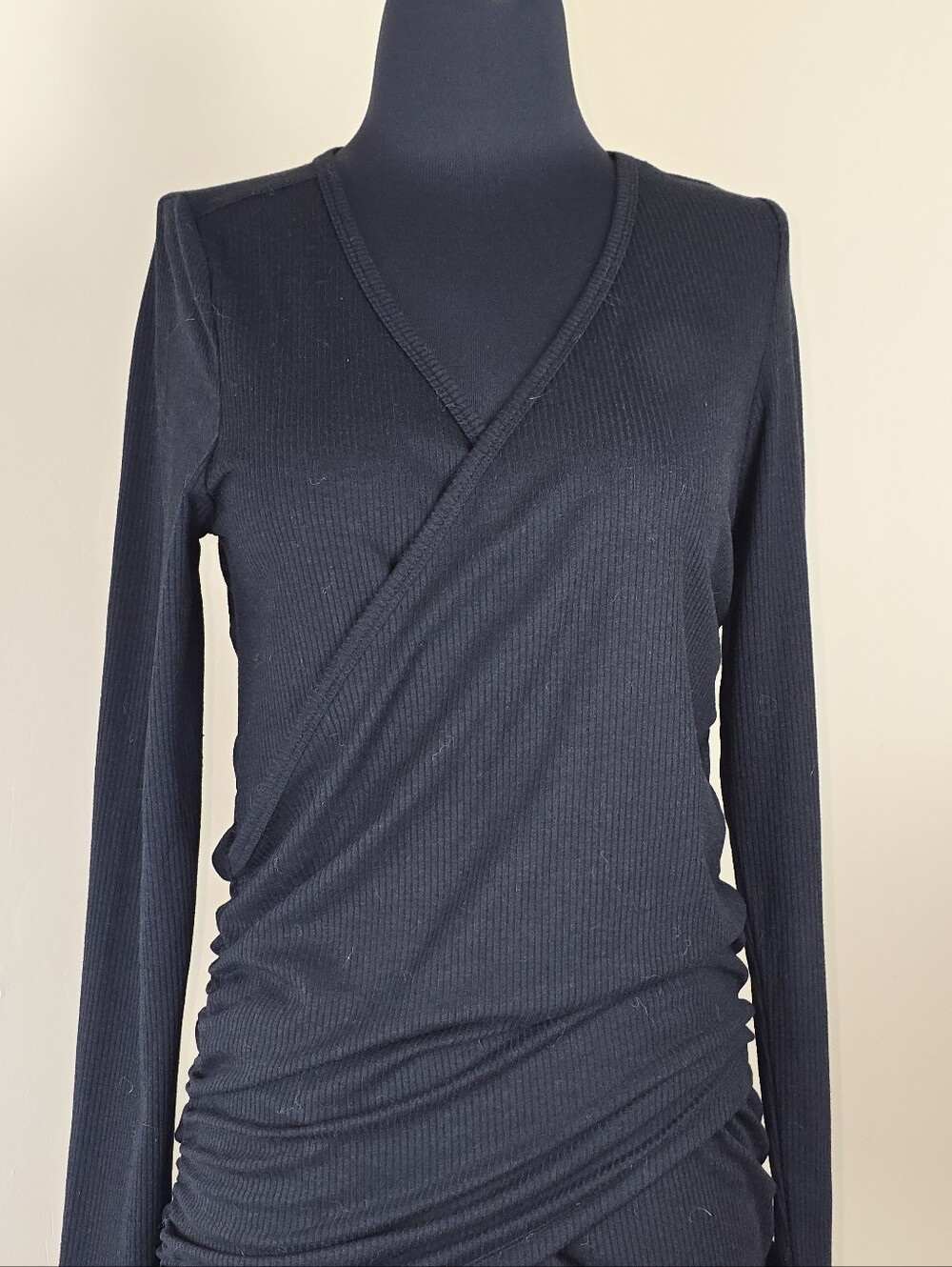 Torrid Black Super Soft Ribbed Knit Ruched Fitted Faux Wrap Top 10/12